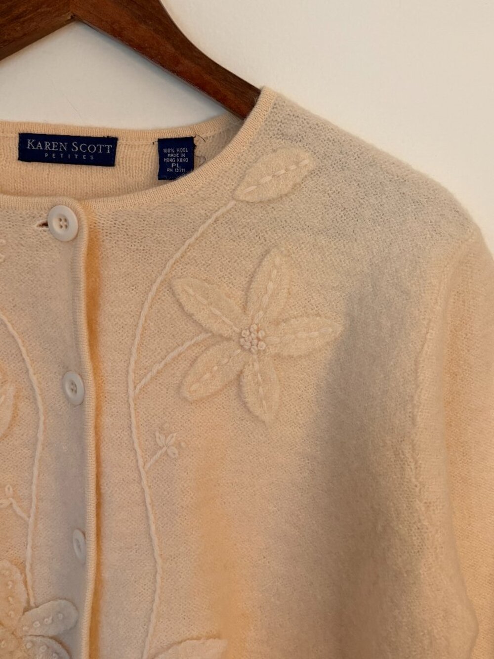 Vintage Baby Pink 100% Wool Embellished Cardigan, Size Petite Large